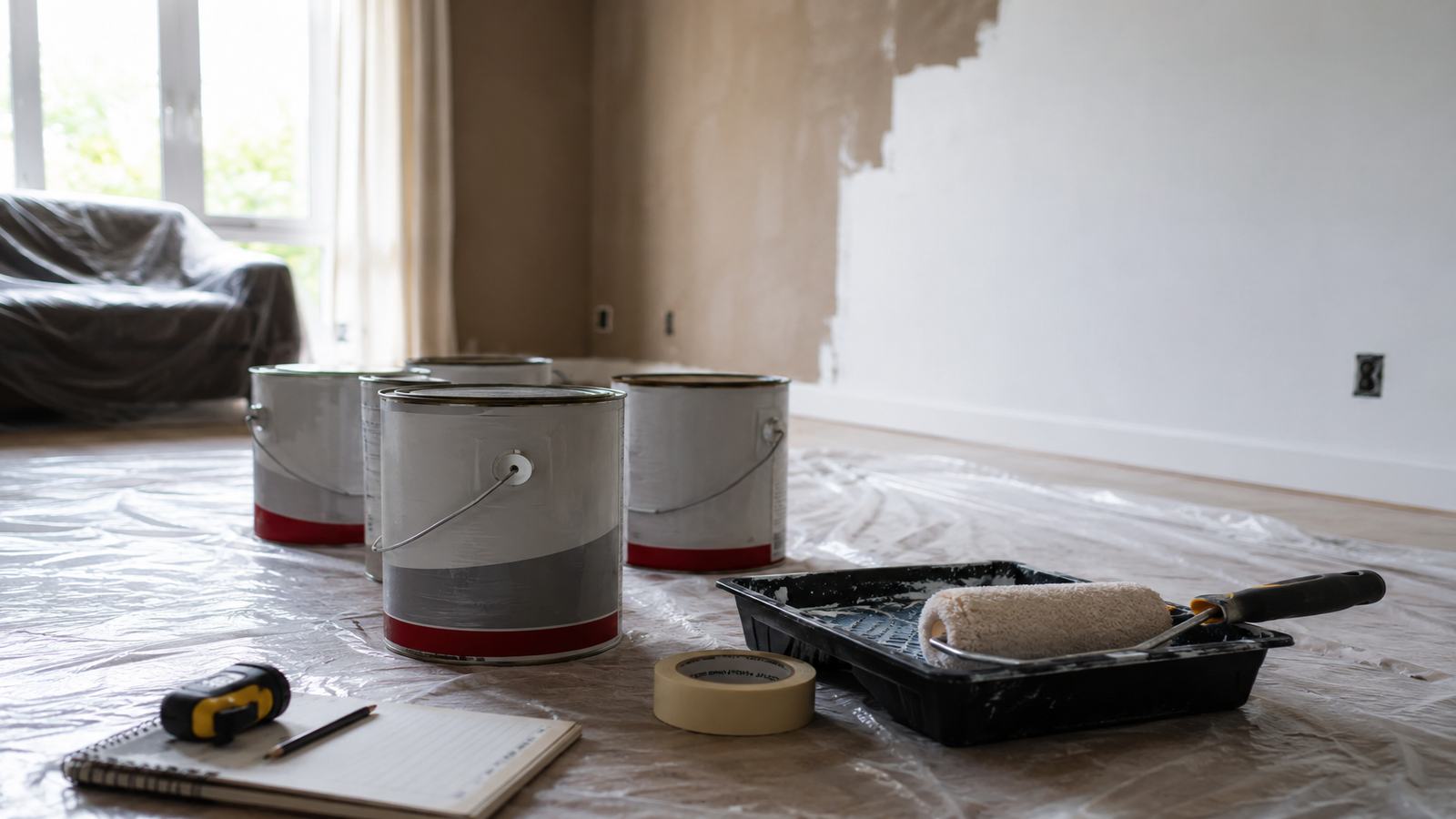 Latas de tinta, rolo e bandeja sobre lona de proteção em sala residencial durante orçamento de pintura