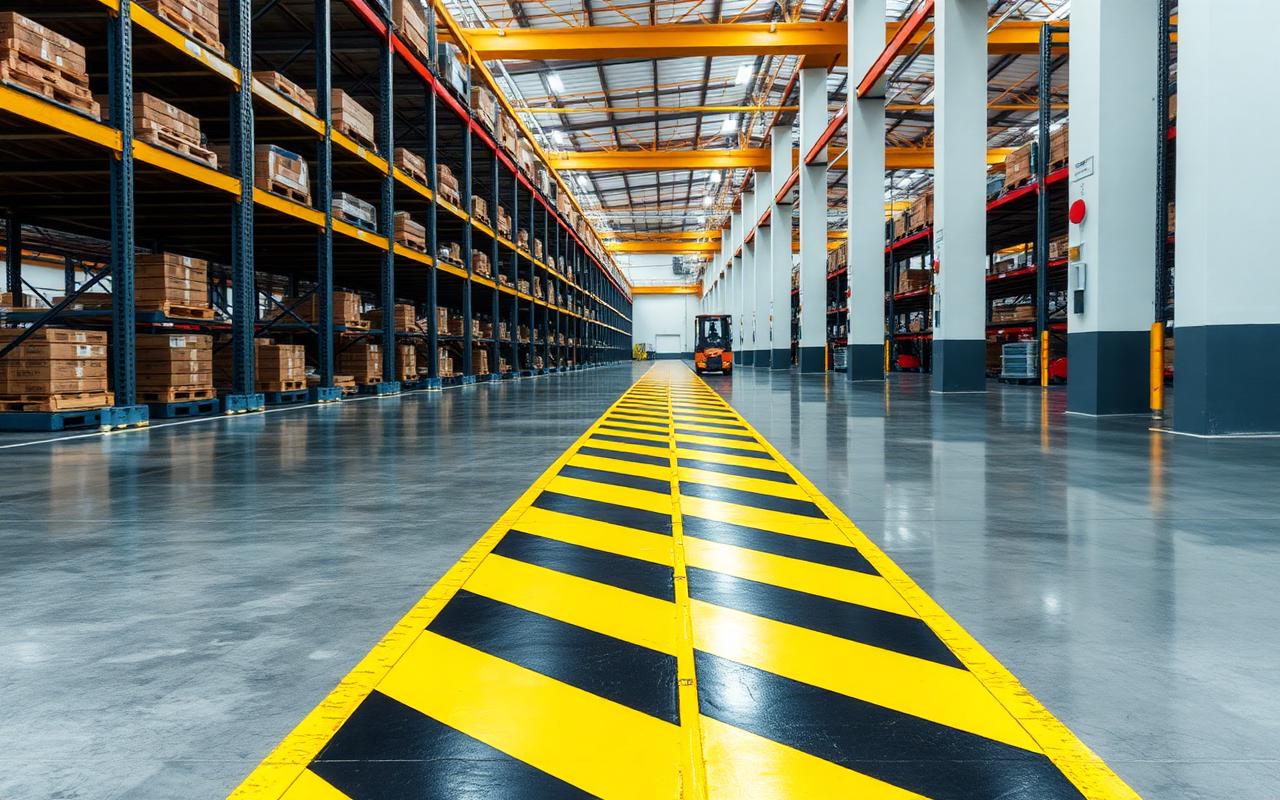 Piso industrial com faixas amarelas e pretas demarcando corredor de passagem em galpão logístico